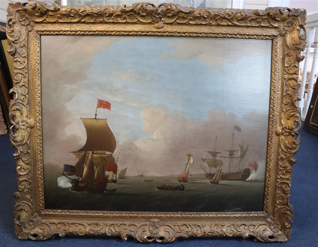 Peter Monamy (1681-1749) Men-o-war and other vessels in an estuary with salutes being fired 22.5 x 29in.